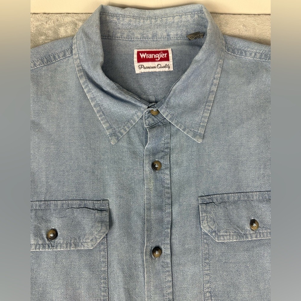 Wrangler Shirt Mens 2XT Blue Chambray Button Up Western Flex Stretch Denim